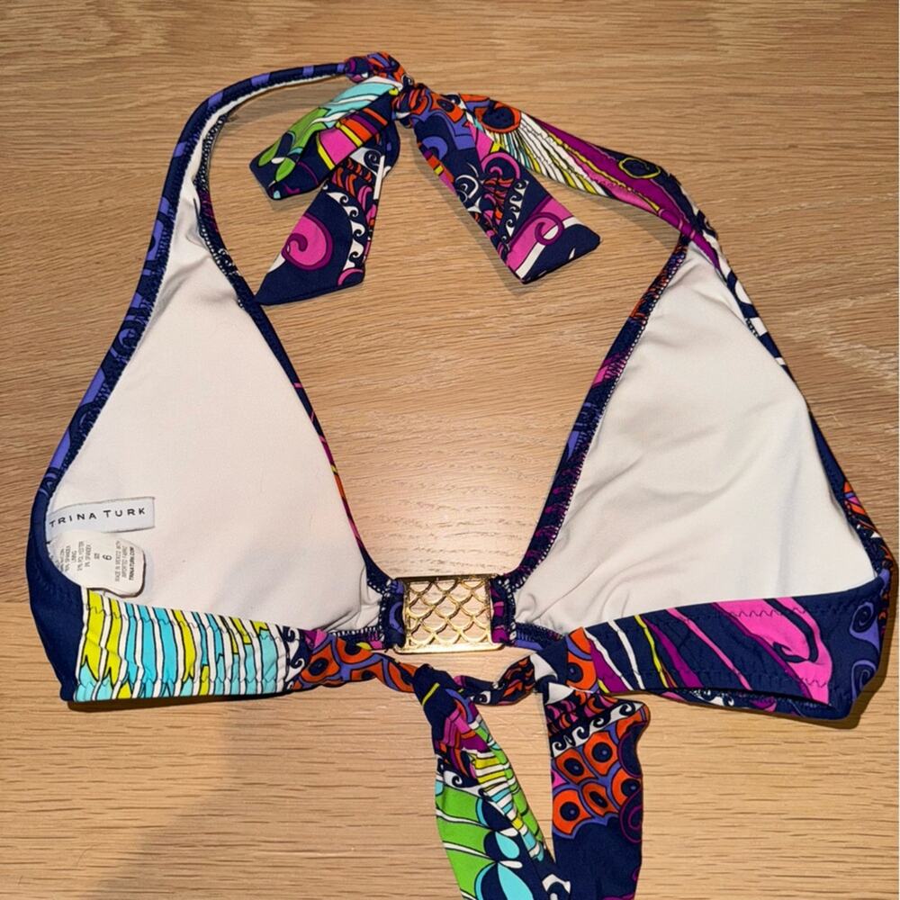 Trina Turk Triangle Blue Bikini Top with Gold Medallion 6 - Picture 3 of 8